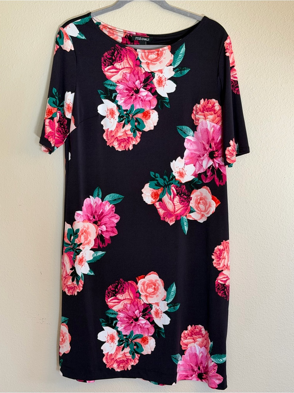 Roz & Ali Black Midi Dress with Pink Floral Print